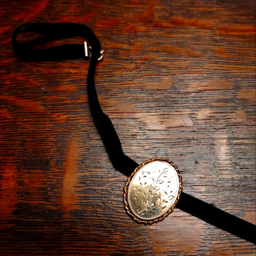 Vintage Gold Floral Medallion Black Velvet Choker